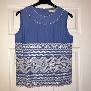 Tory Burch: Embroidered sleeveless blue blouse (size 4)